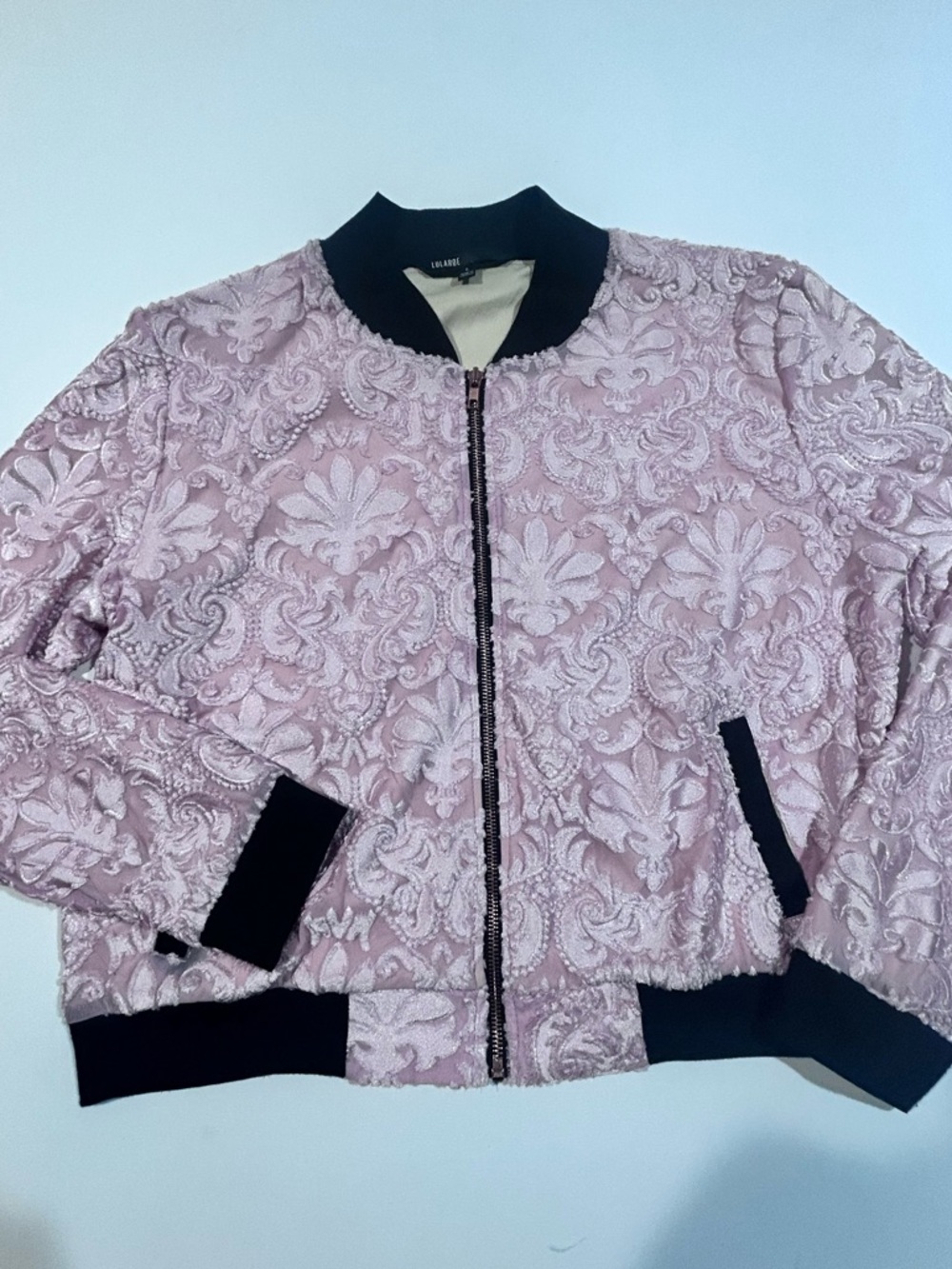 LuLaRoe Large Textured Pink Bomber Jacket with Black Trim